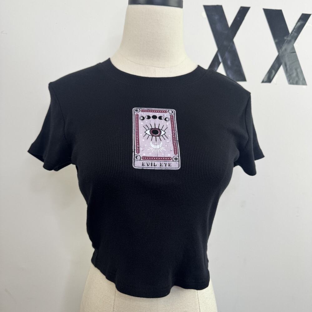 Y2K Evil Eye Graphic Ribbed Baby Tee Black Cropped Fitted Top S